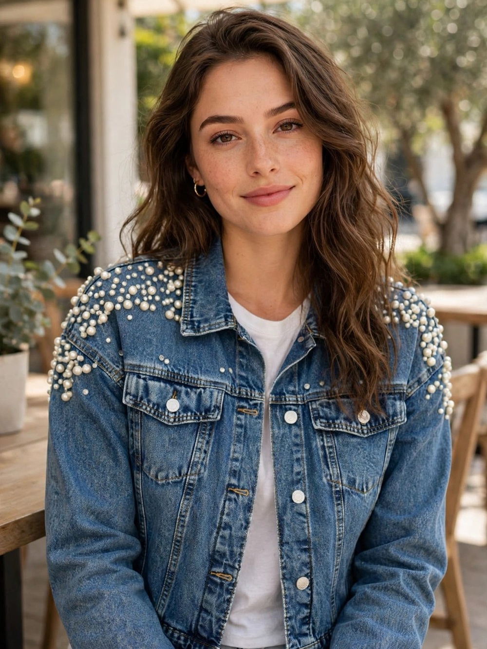 SHEIN Pearl-Embellished Blue Denim Jacket